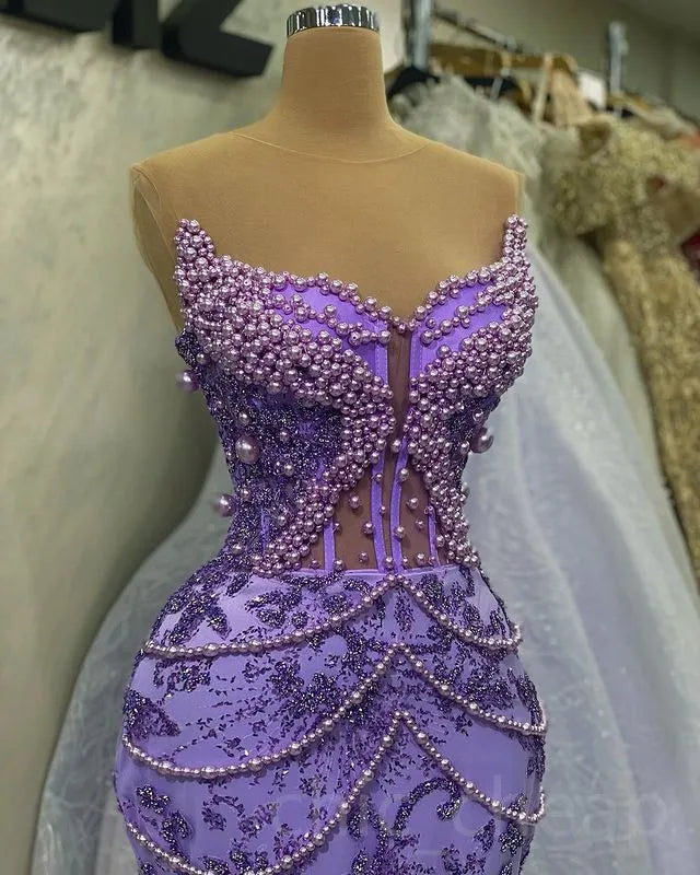 Purple Mermaid Evening Dress Beaded Formal Prom Gown - View 3 | FashionDia