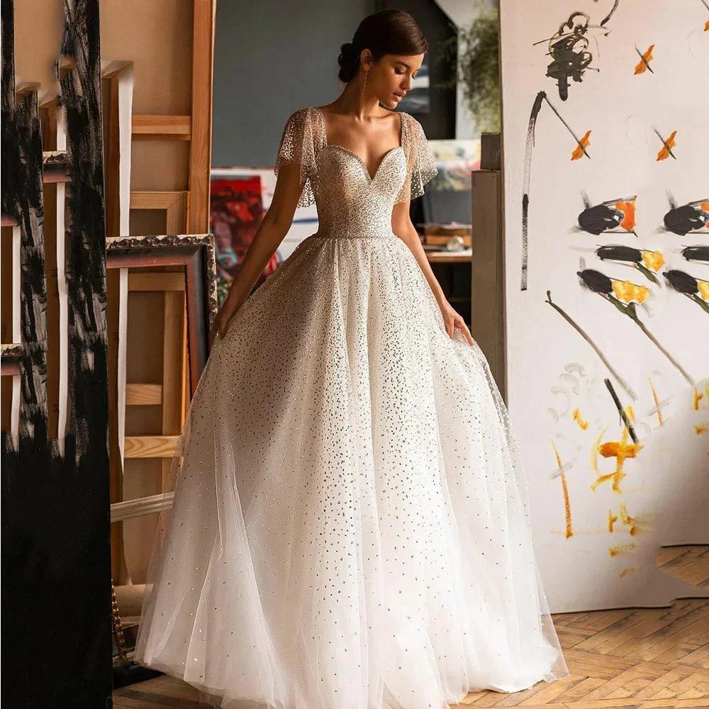 Elegant Glitter Sweetheart Wedding Dresses For Women A-Line Batwing Sleeves Bridal Gown Tulle Backless Robe De Mariée by payinti