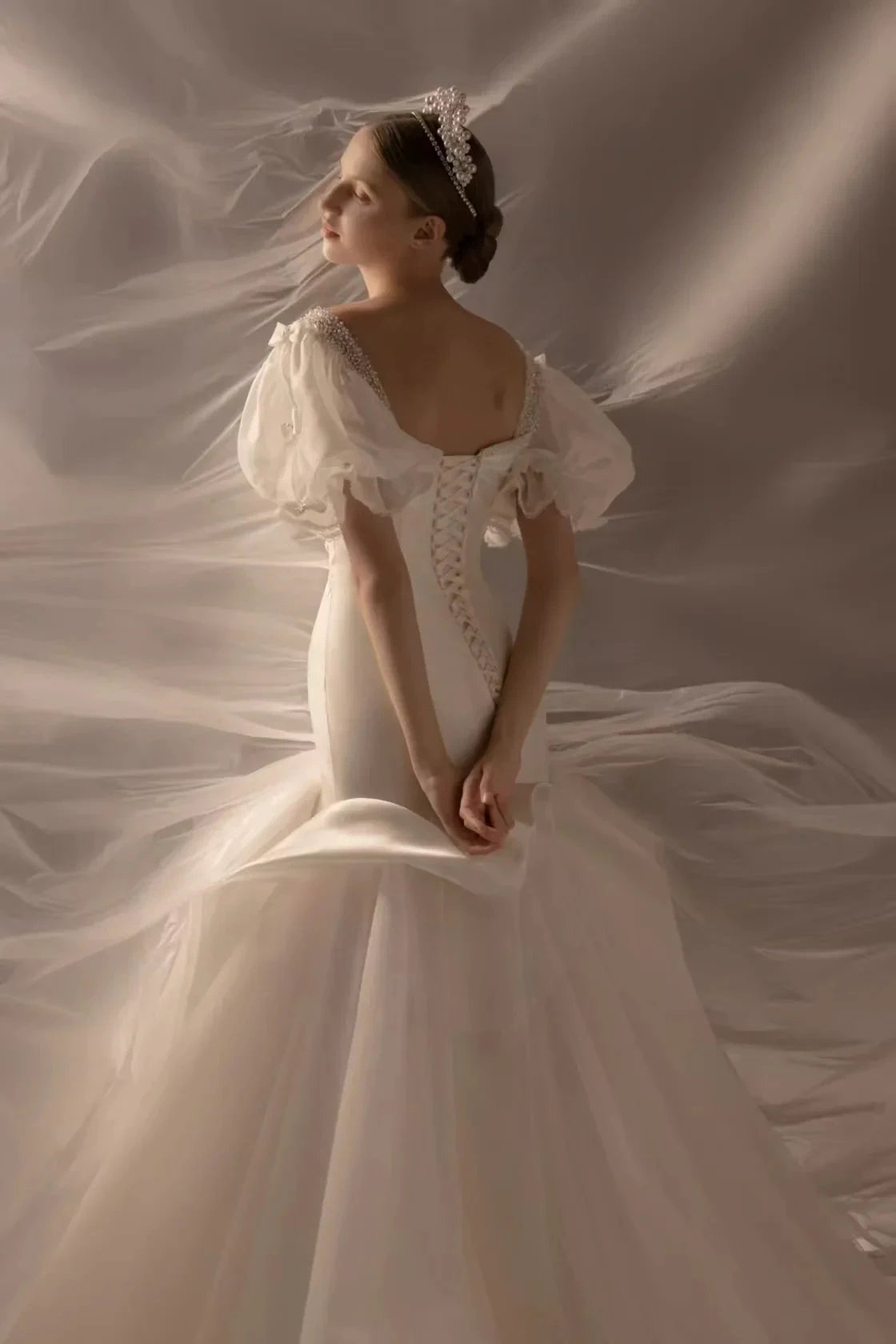 Elegant Mermaid Square Neck Organza Puff Sleeve Satin Wedding Dress with Crystal Trim & Lace-Up Back (ZD16912)