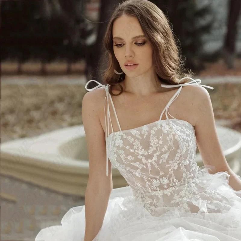 Elegant Spaghetti Straps Wedding Dress Sexy Lace Up Backless Robe Romantic Square Collar Tulle Bridal Gowns (ZD13560)