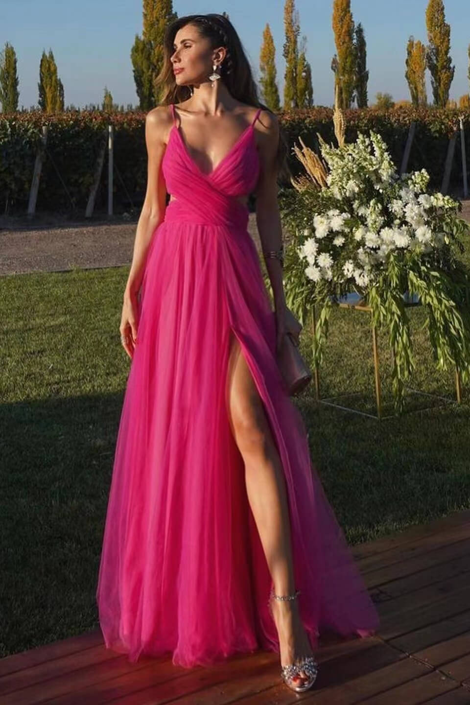 Long A-line V-neck Tulle Backless Prom Dress with Split - VelvetHem