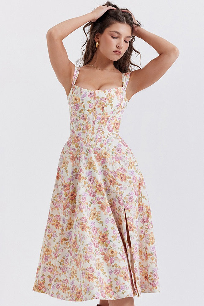 Floral Boned Spaghetti Strap Party Dress - View 5 | VelvetHem
