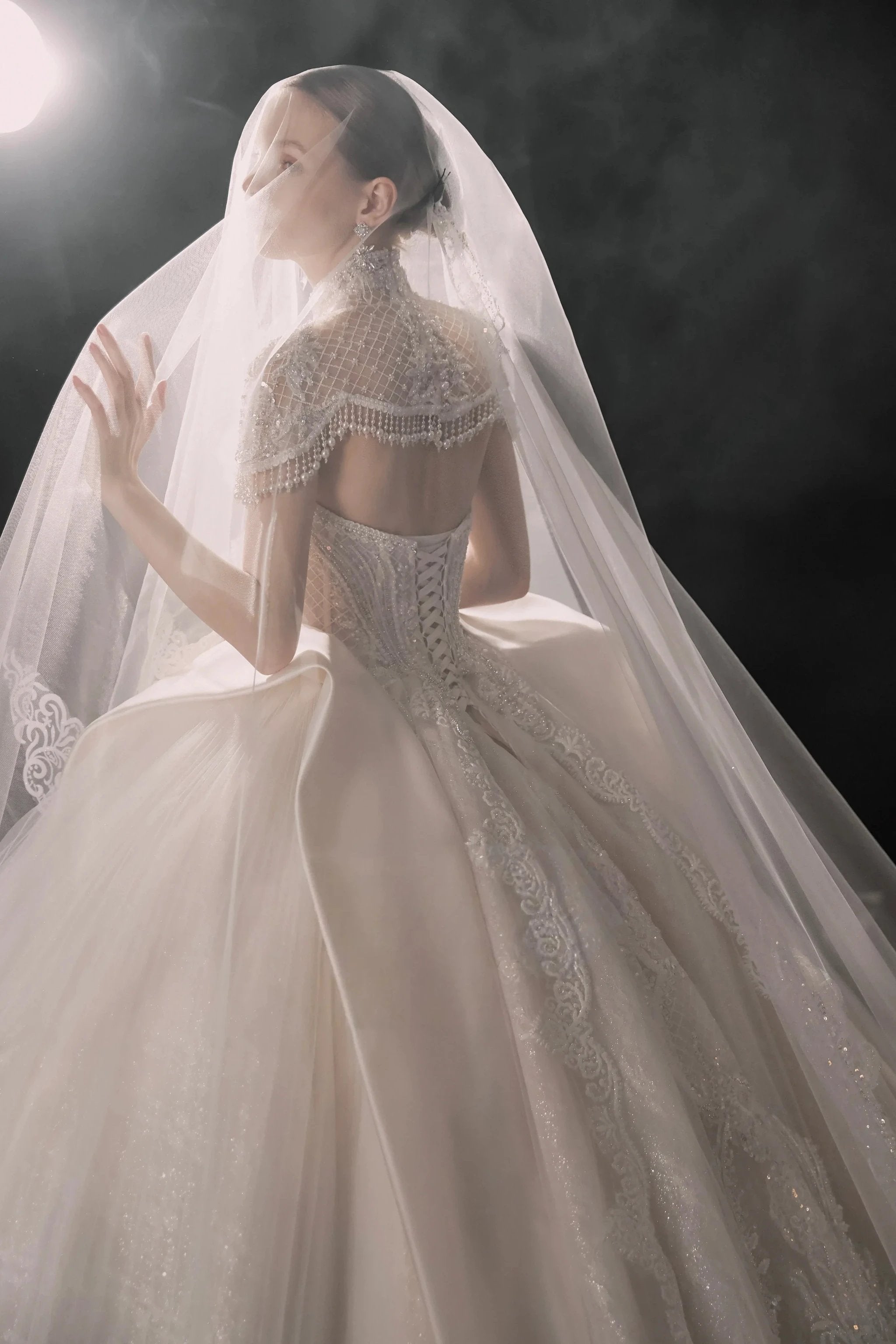 Regal High-Neck Ball Gown Beaded Mesh Capelet Satin Panel Wedding Dress with Embroidered Train (ZD16902)