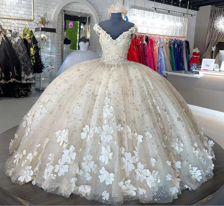 Sweet 16 Quinceanera Dresses Floral Applique Tulle Ball Gown - FashionDia