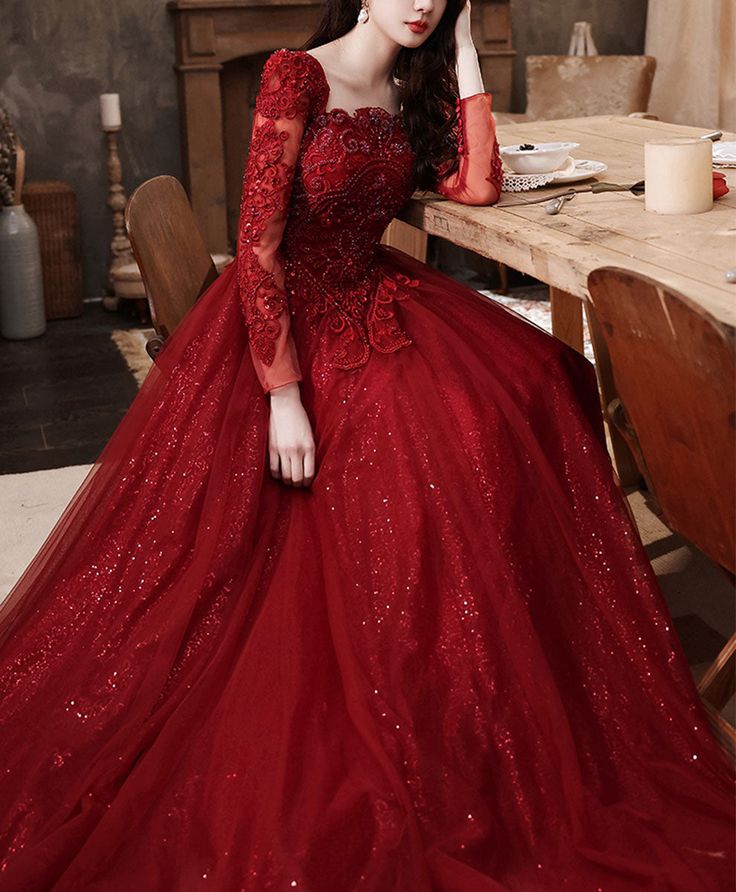Burgundy Aline Lace Long Prom Dress, Burgundy Tulle Formal Graduation Dress - View 5 | FashionDia