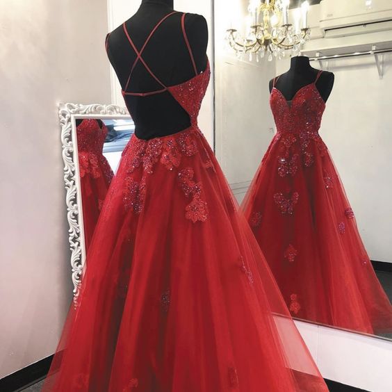 Red lace prom dress, lace applique prom dresses, spagehtti strap prom dresses