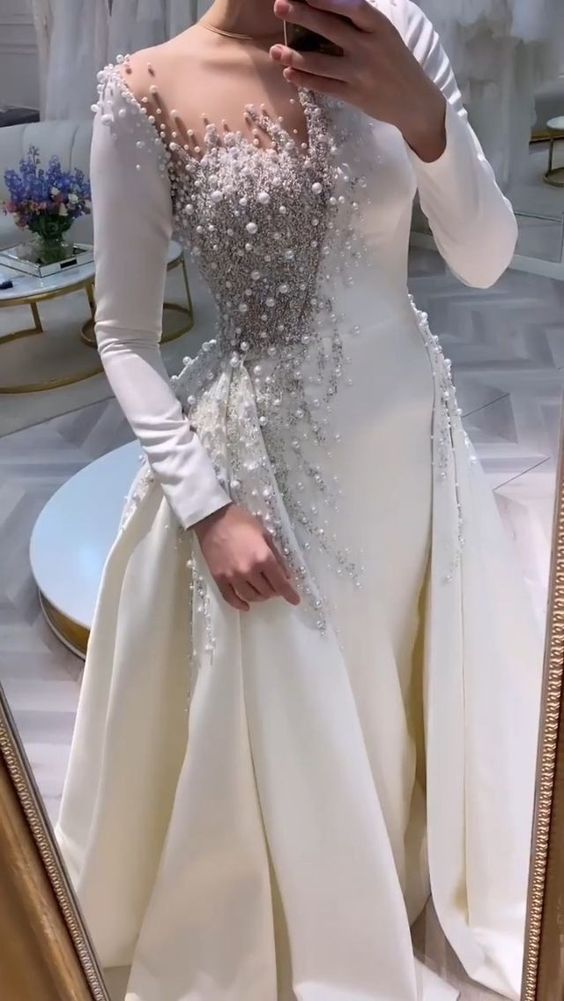 A line White Beading Detachable Wedding Dress Prom Dresses