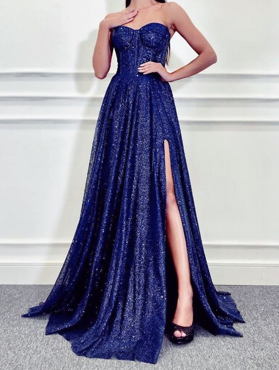 Blue Long Party Dress , Strapless Evening Gown