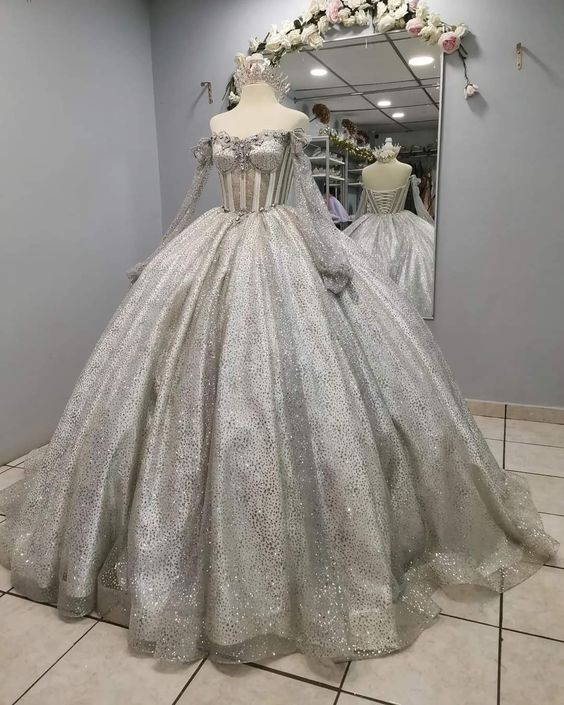 Silver Off Shoulder Ball Gown Prom Dress Sweet 16th Dress