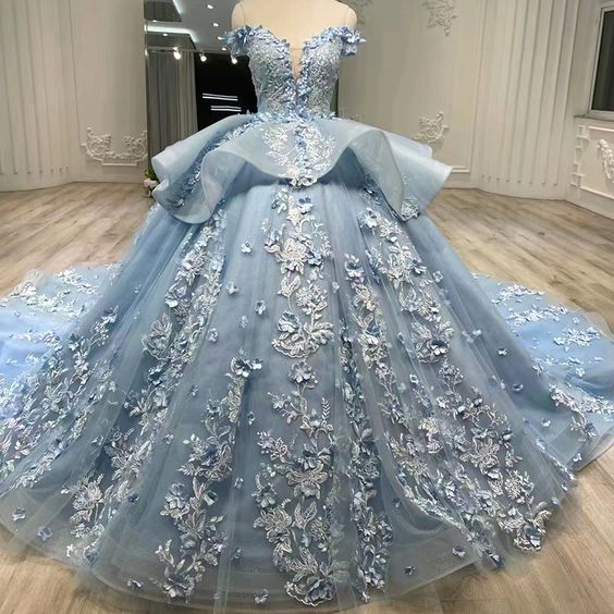 Blue Off-the-Shoulder Ball Gown Prom Dress Sweet 16th Dress - FashionDia