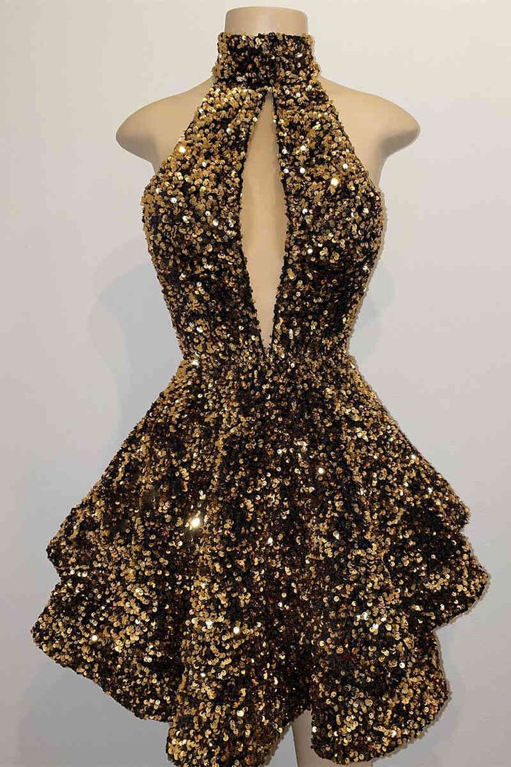 Glitter Halter Gold Sequins A-Line Short Party Dress Homecoming Dresses - FashionDia