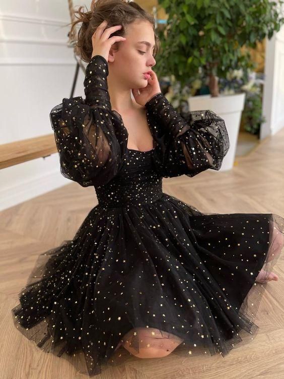 A-line tulle evening dresses, long sleeves princess dress homecoming dress