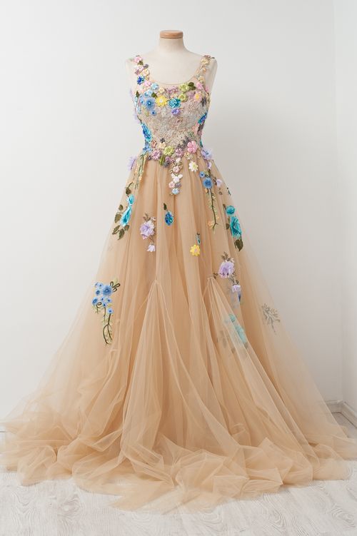 Champagne A-line Sleeveless Tulle Prom Gown With Embroidery,sleeveless Prom Gown With Hand-made Flowers,prom Dress,evening Gown For Teens - FashionDia