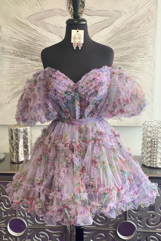 A LINE OFF THE SHOULDER PRINTED HOMECOMING DRESS