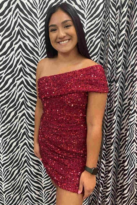 Burgundy Sequins One Shoulder Homecoming Dress