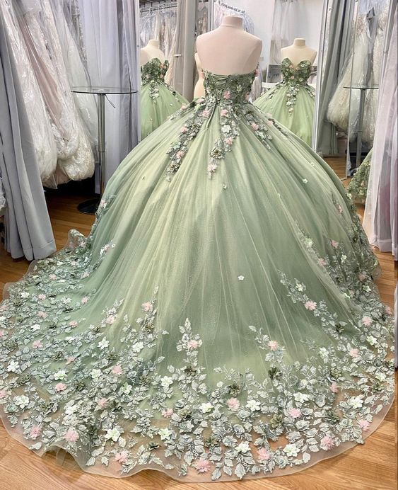 Green Ball Gown tulle long prom dress, evening dress