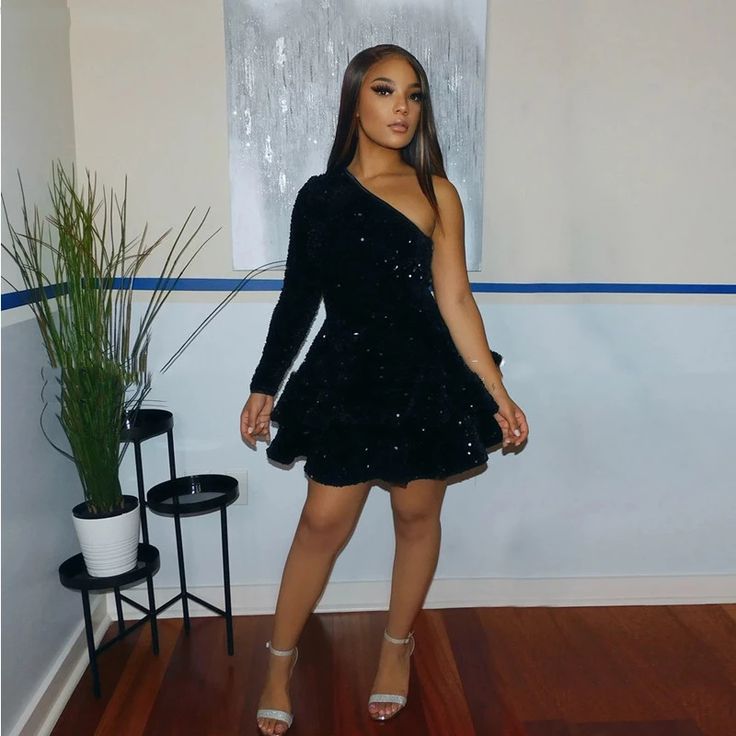 Sparkly Sequin Cocktail Dresses Short A Line One Shoulder African Women Formal Long Sleeve Homecoming Dress