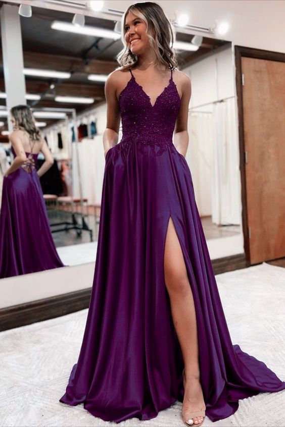 Elegant long a-line satin prom dresses v-neck split formal gown with lace appliques