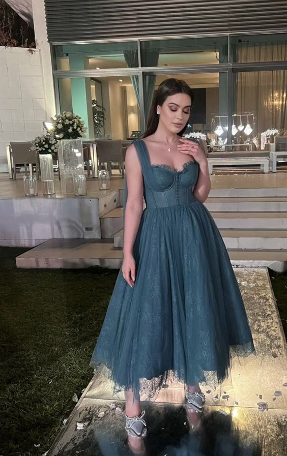 Gray Blue Straps Lace Tulle Popular Modest Prom Dress