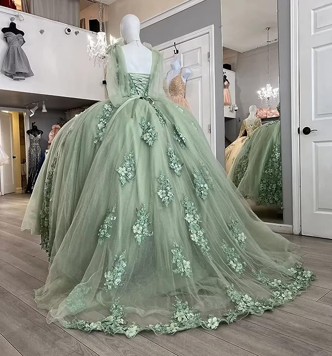 Women's Off Shoulder Quinceanera Dresses Ball Gown with Train Puffy Sweet 15 16 Dresses 3D Flowers Prom Dresses