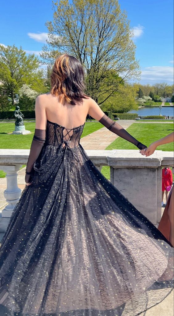 strapless black sparkly prom dress,chic black prom gown