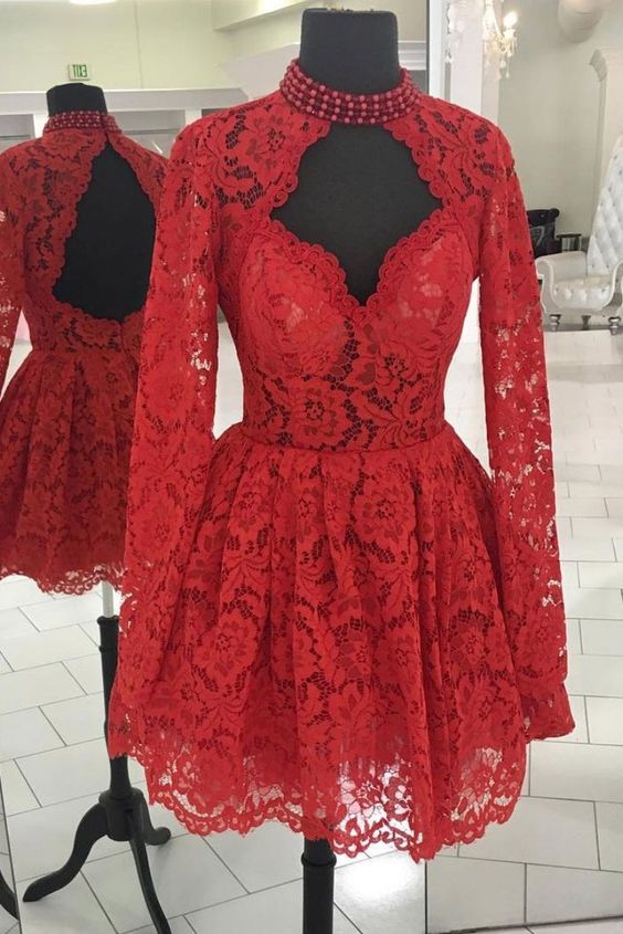 Red lace short prom dress, red lace homecoming dress - VelvetHem