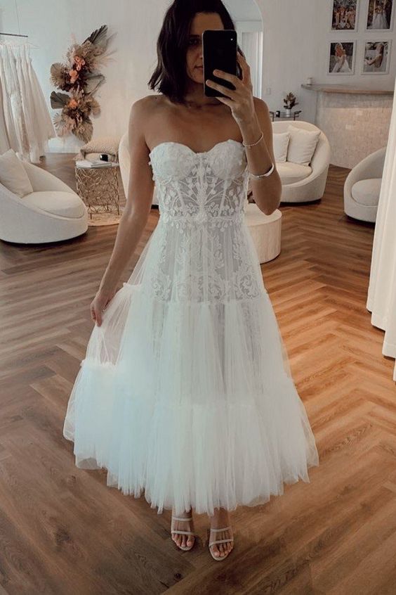 VINTAGE WHITE STRAPLESS SHORT SUMMER TULLE WEDDING DRESS