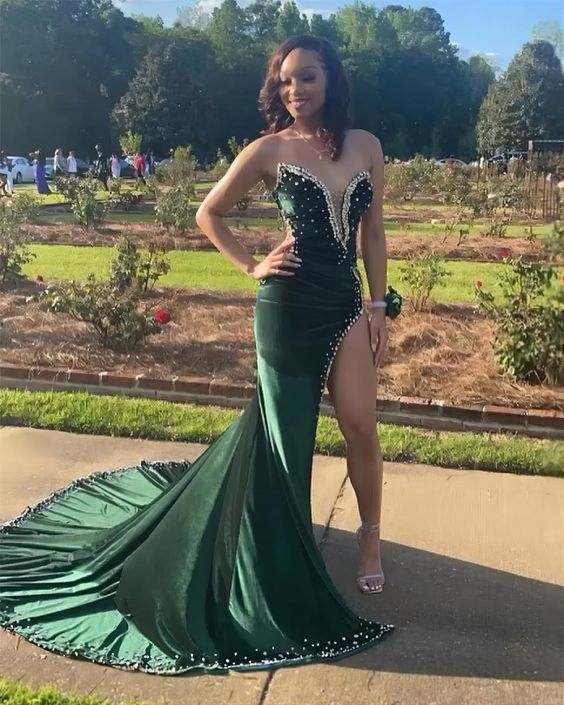 Green Velvet Prom Dresses African aso ebi Mermiad Evening Dress With Slit