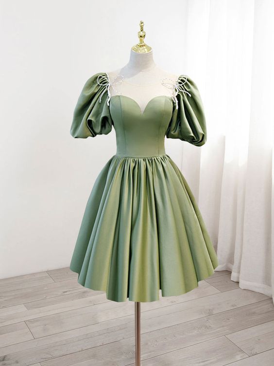 A-Line Green Puffy Sleeve Satin Short Prom Dress, Green Short Formal Dress - FashionDia