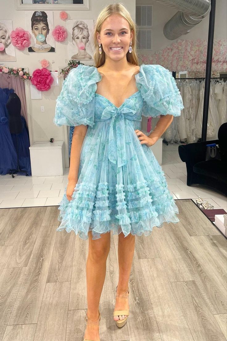 Blue Floral Print Short Baby Doll Homecoming Dress with Balloon Sleeves - FashionDia