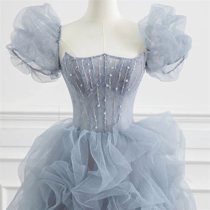 Gray tulle long prom dress A-line evening dress