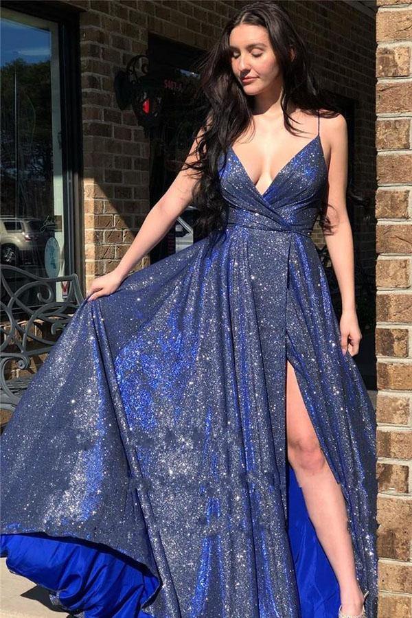 Sparkly V Neck Straps A-Line Long Prom Dress Evening Dress - VelvetHem