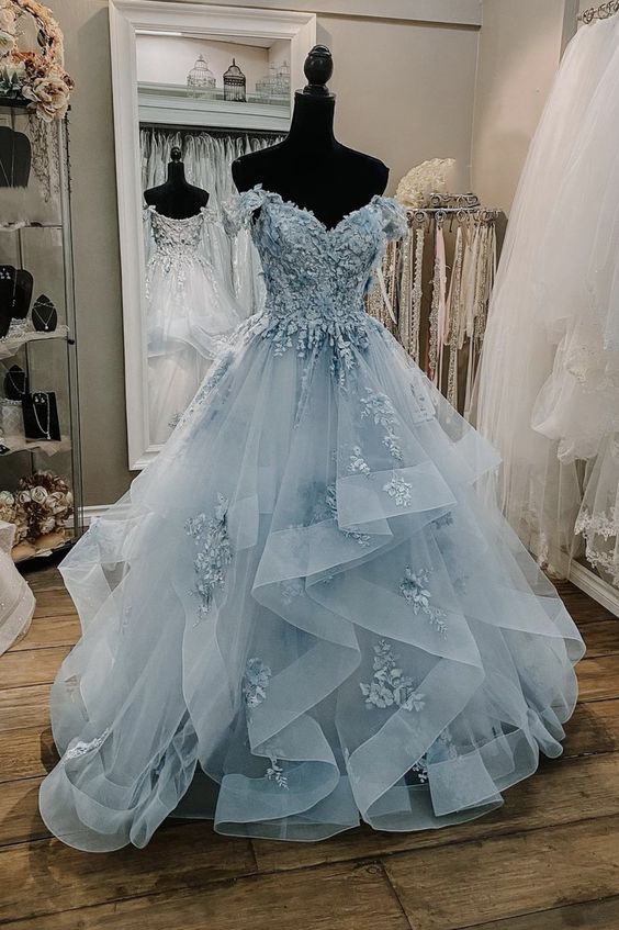 Blue Tulle Lace Long Ball Gown Dress Blue Evening Dress