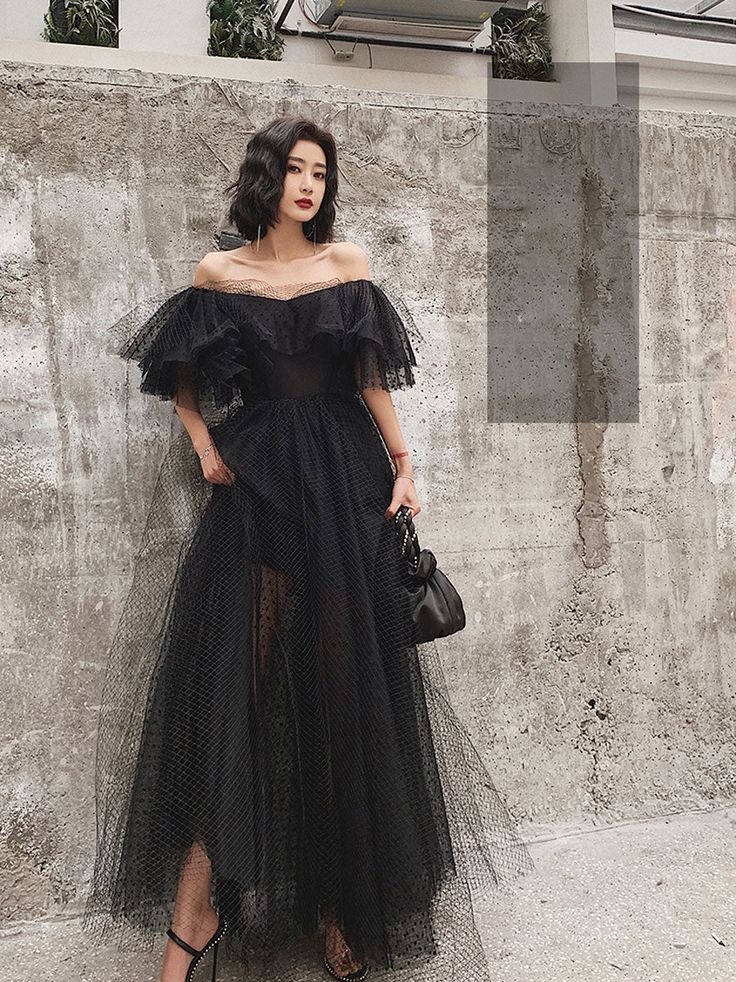 Black Tulle Long Prom Dress, Formal Dress Black Graduation Dresses - FashionDia
