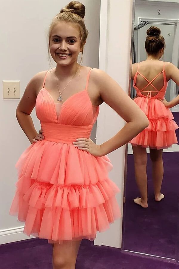 Coral A-line Soft Tulle Backless Homecoming Dresses, Short Prom Dresses - FashionDia
