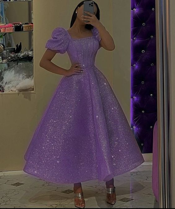 Purple A-Line Tulle Sequin Prom Dress, Purple Formal Dress