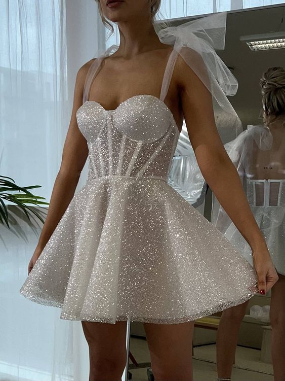 Glitter Tulle Homecoming Dress Sparkly for Teens Short Spaghetti Straps Fairy Party Gown - FashionDia