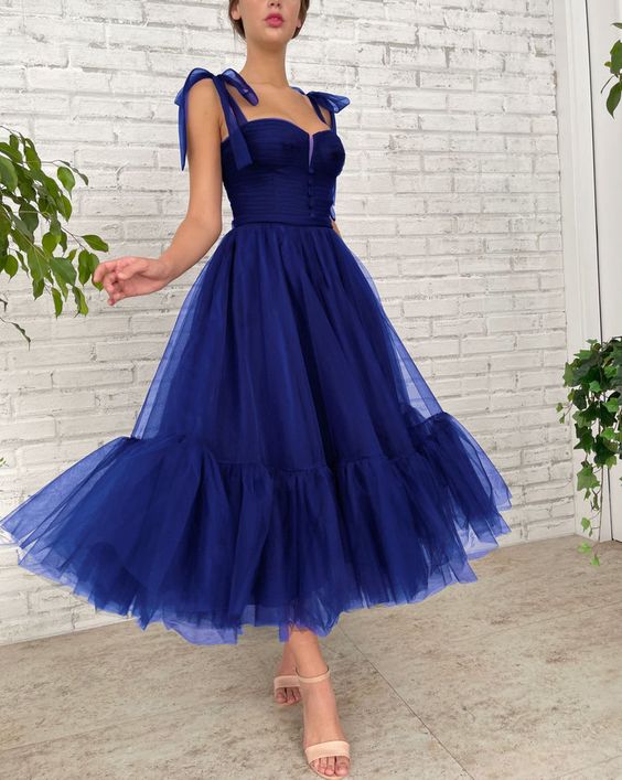 Simple blue tulle prom dress, blue tulle formal dress