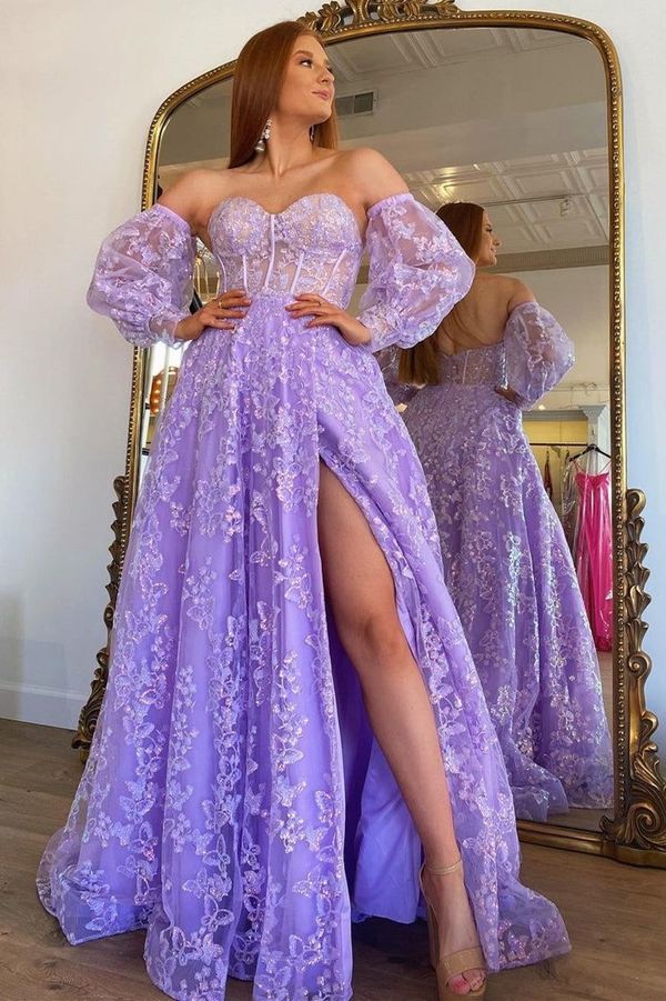 Sparkle Princess Lavender Bustier Puffy Sleeves Lace Long Prom Gown - VelvetHem