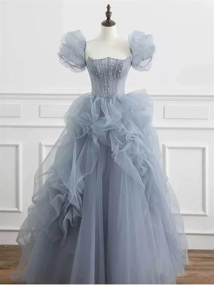Gray tulle long prom dress A-line evening dress