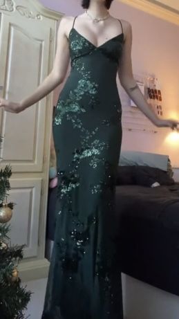 V Neck Green Prom Dresses Evening Gowns with Sequin Appliques