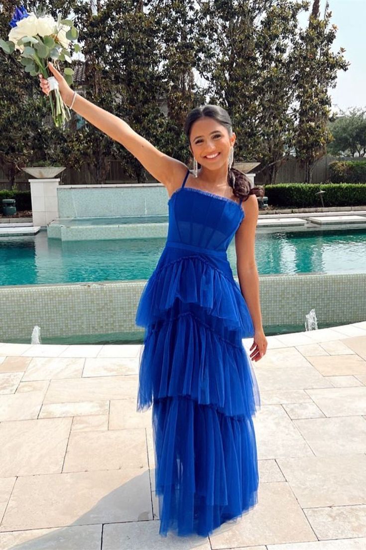 Princess Royal Blue Tiered Tulle Prom Dress Formal Dress