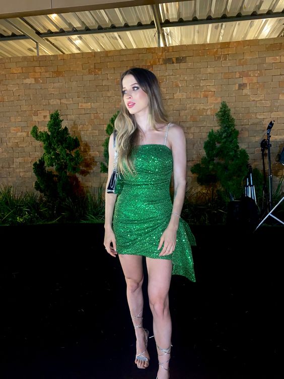 Green Sequin Spaghetti Straps Homecoming Dresses Short Prom Dresses