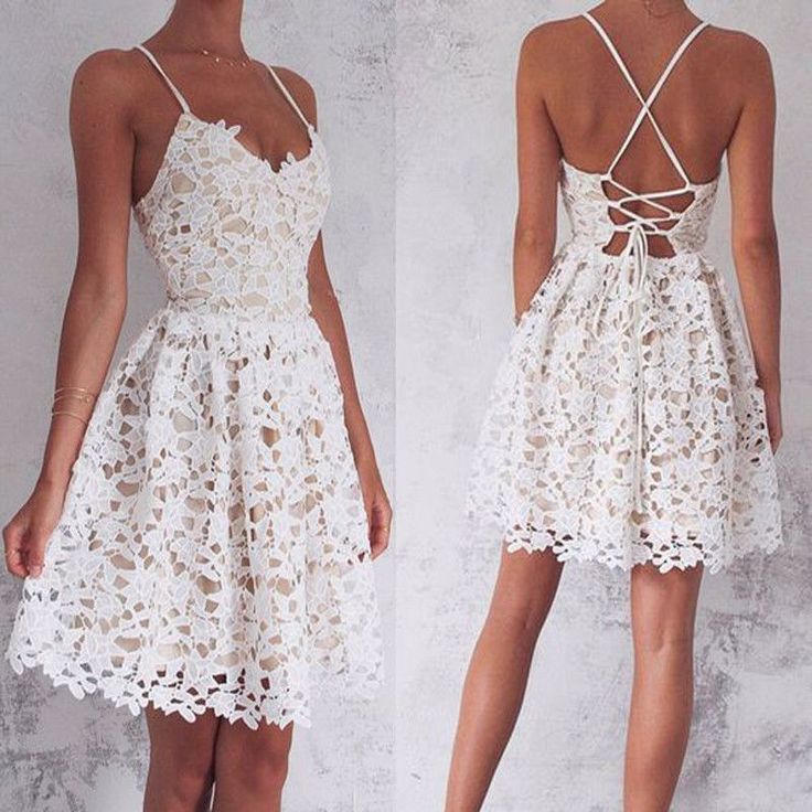 A-Line Spaghetti Straps Homecoming Dress,Lace-Up Ivory Lace Short Homecoming Dress,Sleeveless Sweet 16 Cocktail Dress,Homecoming Dress