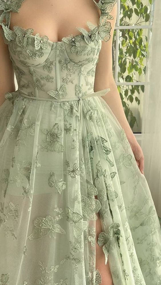Green Tulle Butterfly Long Prom Dress