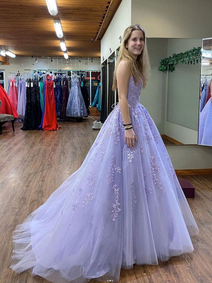 Purple tulle lace long prom dress, purple lace evening dress - FashionDia