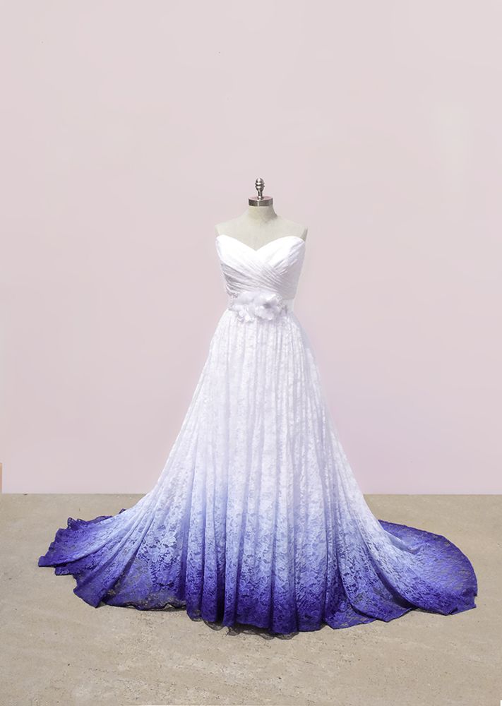 White and Purple Sweetheart Lace Wedding Dress, Ombre Wedding Dresses with Flowers