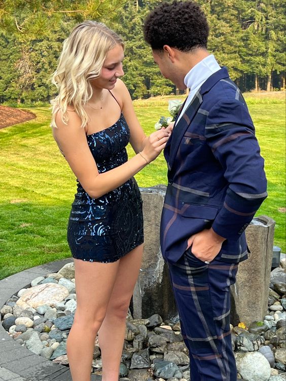 Dark Navy Sequin Homecoming Dress Straps Sheath Formal Dresses - FashionDia