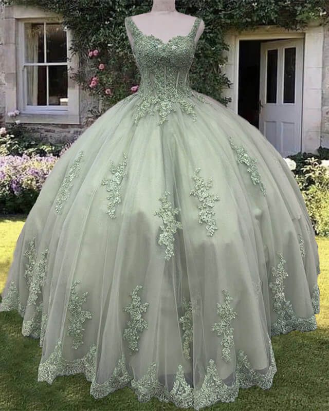 Sage Corset Ball Gown Appliques Tulle Prom Dress