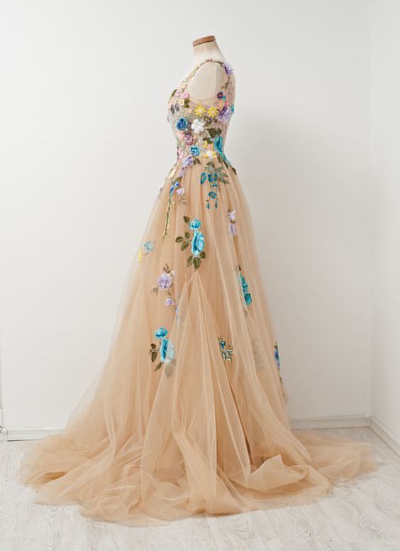Champagne A-line Sleeveless Tulle Prom Gown With Embroidery,sleeveless Prom Gown With Hand-made Flowers,prom Dress,evening Gown For Teens